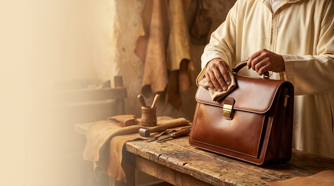 Artisan marocain lustrant un sac en cuir — Seconde Vie CraftBazart